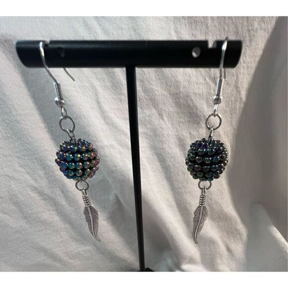 Handmade Vintage Bead and Feather Dangly Earrings - Picture 2 of 4